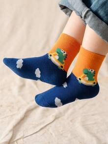 5 Pairs Kids Mid-Calf Socks, Cartoon, Letter, Dinosaur, Striped Patterns, Casual, Sports Style, White, Green, Orange, Blue, Multicolor, Colorblock, Children's Socks, All-Season, Suitable For Students Daily, Versatile, Back To School, Classroom - Multicolor - View 2