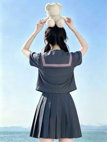 Kawaii Academy 風格水手領 Cosplay 制服，灰色與粉色搭配領結與百褶裙，3 件組 JK 水手服秋季款 - 灰色 - 查看 4