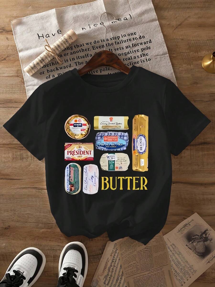 Minimalist. 100% Cotton. 1paGifts For Butter Lovers. Graphic Print T-Shirt, Short Sleeve, Crew Neck, Casual Top For Summer And Spring, Women's Clothing. Spring/Summer Top.