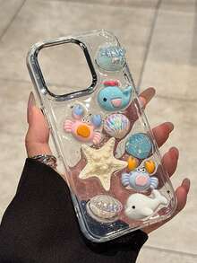 1pc Fresh Cute Ocean Shell Crab 3D Drip Glue Phone Case Compatible With Apple 16ProMax New IPhone15Pro/14plus Fashion Niche 13 Women's 12pro/11 Shockproof Protective Cover, Compatible With IPhone17promax 17pro 17 17Air Smartphone Protective Case - Clear - View 4