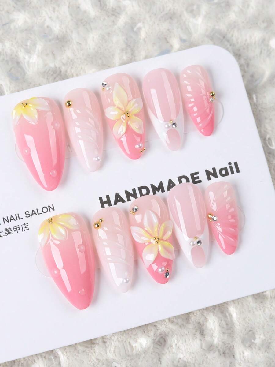 10 chiếc móng tay giả dán sẵn hình hạnh nhân bóng thủ công, móng acrylic giả gradient hồng với trang trí hoa 3D & đá rhinestone, phong cách coquette ngọt ngào, làm thon tay & nhẹ, dùng hàng ngày & hẹn hò, nghệ thuật móng hoa bán chạy - Hồng - Xem 1