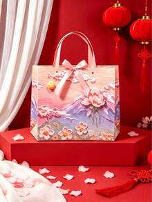 1個創意2D花卉油畫禮品盒、禮品袋、2D圖案禮品紙袋附緞帶、便攜式紙製禮品袋、奶油雲朵與花瓣設計。非常適合婚禮禮物、生日裝飾、婚禮派對贈品、情人節、生日派對、復活節、婚禮、母親節、桌面裝飾和禮品包裝用品 - 漸層色 - 查看 5