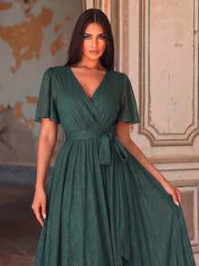 Elegant Crossover V-Neck Butterfly Sleeve Dress With Belt, Suitable For Spring/Summer Wear | Perfect For Garden Weddings, Vacations And Special Occasions - Dark Green - View 3
