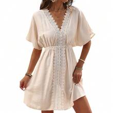 Faux Silk Beach Dress With Lace And Ruffles; Top To Pair With A Bikini - Beige - View 6