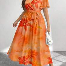 dahkjdgajy  Vestido holgado de talla grande con estampado retro de flores de hibisco, adecuado para primavera y verano - Naranja - Ver 3