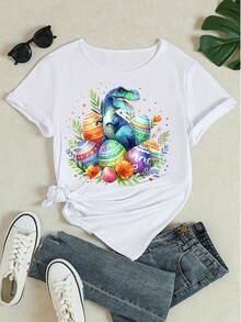 Women's Pure Cotton Short Sleeve T-Shirt Casual Relaxed Fit Easter Dinosaur Print Vibrant Spring Festive Top European Holiday Gift Idea for Her Colorful Egg Pattern Cute Animal Graphic Tee Comfortable Breathable Daily Wear Easter Present for Friends Family  2026 Fashion Lightweight Soft Fabric Easy to Match - Weiss - Übersicht 4