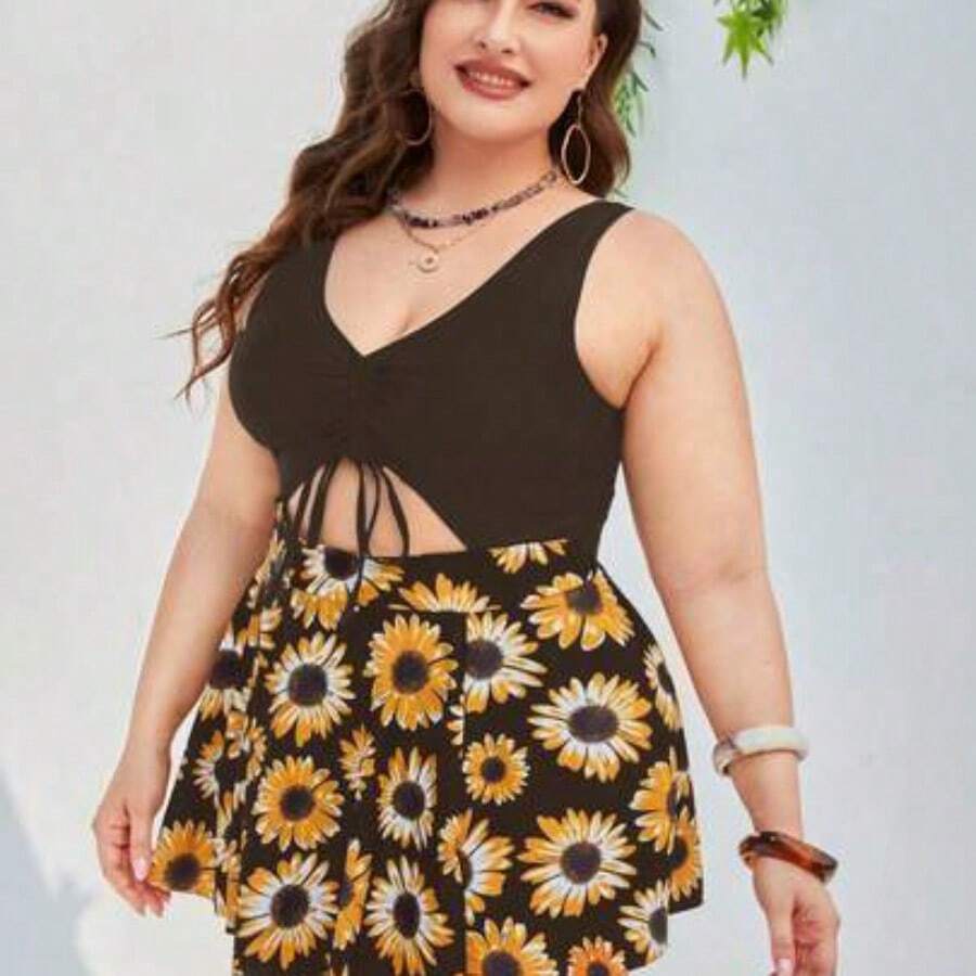 LunaCass8 Swim Lushoire Vestido de baño a la playa de talla grande con estampado de girasol y cordón - Marrón - Ver 1