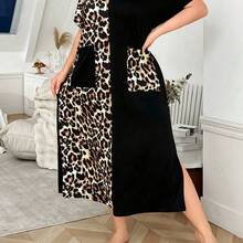 guangzhougaolangshangmao  Bata de dormir maxi holgada informal con cuello en V, manga corta, estampado de leopardo y bloque de color - Azul marino - Ver 4