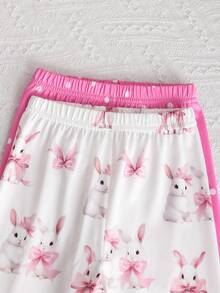 4pcs/Set Sweet & Cute Spring/Summer Girls Pajamas, Bow/Rabbit/Polka Dot Pattern Short Sleeve Top + Long Pants, Soft & Comfortable - Multicolor - View 4