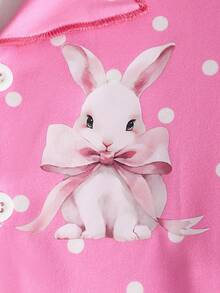 4pcs/Set Sweet & Cute Spring/Summer Girls Pajamas, Bow/Rabbit/Polka Dot Pattern Short Sleeve Top + Long Pants, Soft & Comfortable - Multicolor - View 9