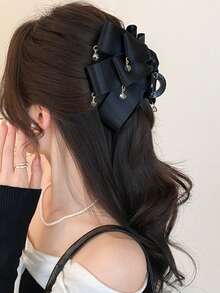 1 pieza Pinza de pelo elegante de unicolor con lazo multicapa y cinta de diamantes de imitación, diseño de espalda cruzada, media coleta, accesorio para el cabello de mujer, pinza para el verano y la playa de 13 cm/5.11 pulgadas - Negro - Ver 5