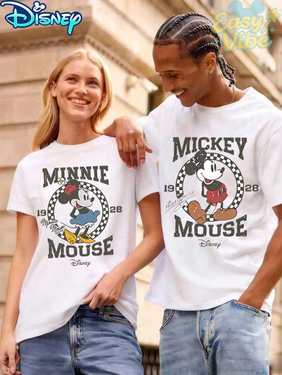 Disney Retro Logo Feng Minnie Mickey Cartoon Print - Camiseta blanca de hombre - Ver 1