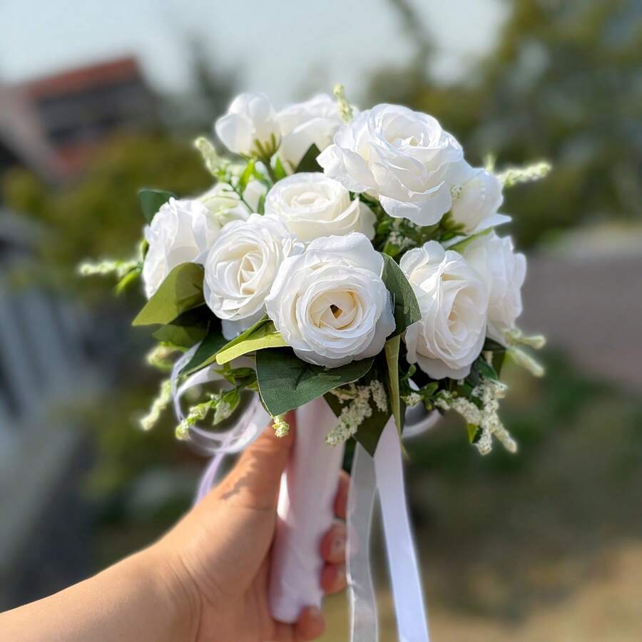 優雅仿真玫瑰花束,適合新娘與伴娘,附綠葉與緞帶裝飾,完美適用婚禮、訂婚、派對,週年紀念禮物 - 彩色 - 查看 1