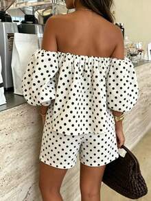Women's Black & White Polka Dot Off-Shoulder Lantern Sleeve Loose Top And Elastic Waist Shorts 2-Piece Set, Suitable For Beach, Vacation, Summer, Valentine's Day, Beach Party, Travel, Daily Wear, Hangout With Friends - Black and White - View 8