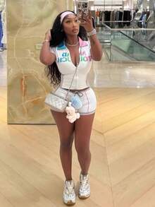 Women's Sexy Two-Piece Set: Short-Sleeve Top + Shorts With Colorful Letter Print - 白色 - 查看 1