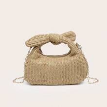1pc Women's Straw Handbag With Wrist Bow Decoration, Shell And Starfish Accents, Suitable For Shopping, Outings And Beach Vacation - Camel - View 6