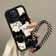 1 pieza Funda de teléfono con diseño de gato negro y gato blanco pintado con UV, linda y de moda, con cordón trenzado negro y blanco, borde elevado a prueba de golpes, compatible con Ip17 16 15 14 13, S26 S25 S24, Honor 400Lite 200Pro Honor A5 X9 X8 X6 9x, Smart6/7/8/9/10, 14T Xiaomi15T Pro - Ch negro - Ver 2