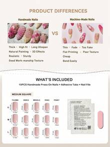 Pegatinas de arte de uñas florales 3D hechas a mano, uñas postizas cuadradas medianas, estilo de verano, adecuadas para niñas y mujeres - Multicolor - Ver 7
