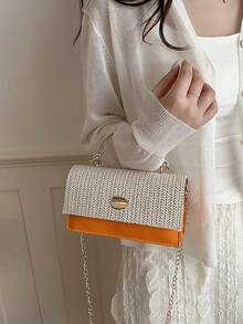 Bolso de mano tejido de moda (color de costura aleatorio, compartimento interior) - Naranja - Ver 5