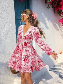 Vestido mini de tejido estampado con escote en V para mujer, atuendos de primavera y verano, ropa de verano, Día de San Valentín, atuendos de vacaciones para mujer, atuendos de playa para mujer, festival, ropa romántica y elegante, bohemia, BOHO, dulce, atuendos de rave de festival, ropa de mujer para vacaciones tropicales, carnaval - Rojo - Ver 1
