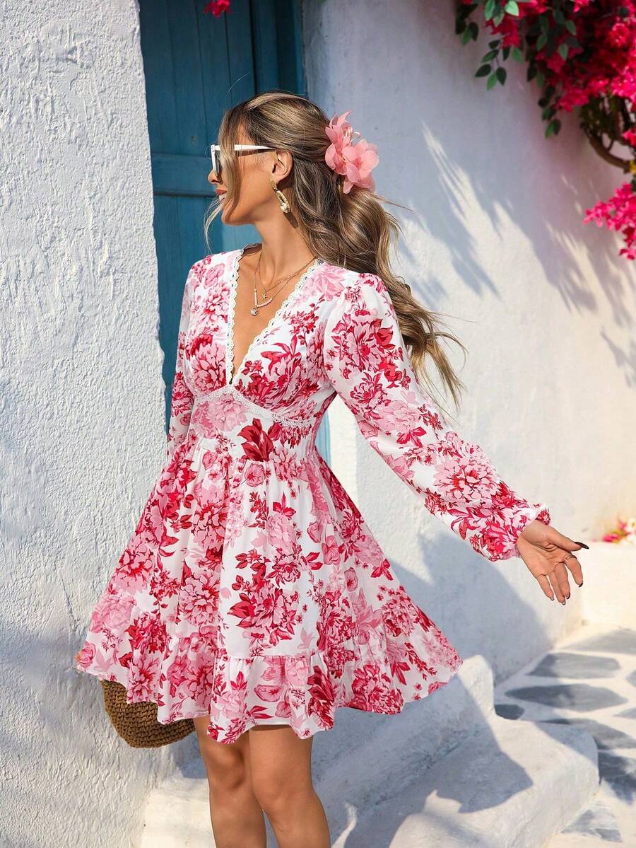 Vestido mini de tejido estampado con escote en V para mujer, atuendos de primavera y verano, ropa de verano, Día de San Valentín, atuendos de vacaciones para mujer, atuendos de playa para mujer, festival, ropa romántica y elegante, bohemia, BOHO, dulce, atuendos de rave de festival, ropa de mujer para vacaciones tropicales, carnaval - Rojo - Ver 1