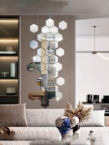 Hexagonal Acrylic Silver Mirror Wall Stickers (12pcs, 24pcs Or 36pcs), Home Decor, DIY Removable Geometric Hexagon Mirror Art, Suitable For Bedroom, Living Room, Office And Kitchen, Decorative Mirror Stickers, Wall Decor, Room Accent - Acrylic Mirror Sticker - View 1
