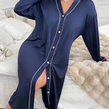 ghadjgyjad  Vestido de dormir casual de manga larga y cuello en V de talla grande, Moo Moo con detalles cómodos y elegantes, para otoño e invierno - Azul marino - Ver 7