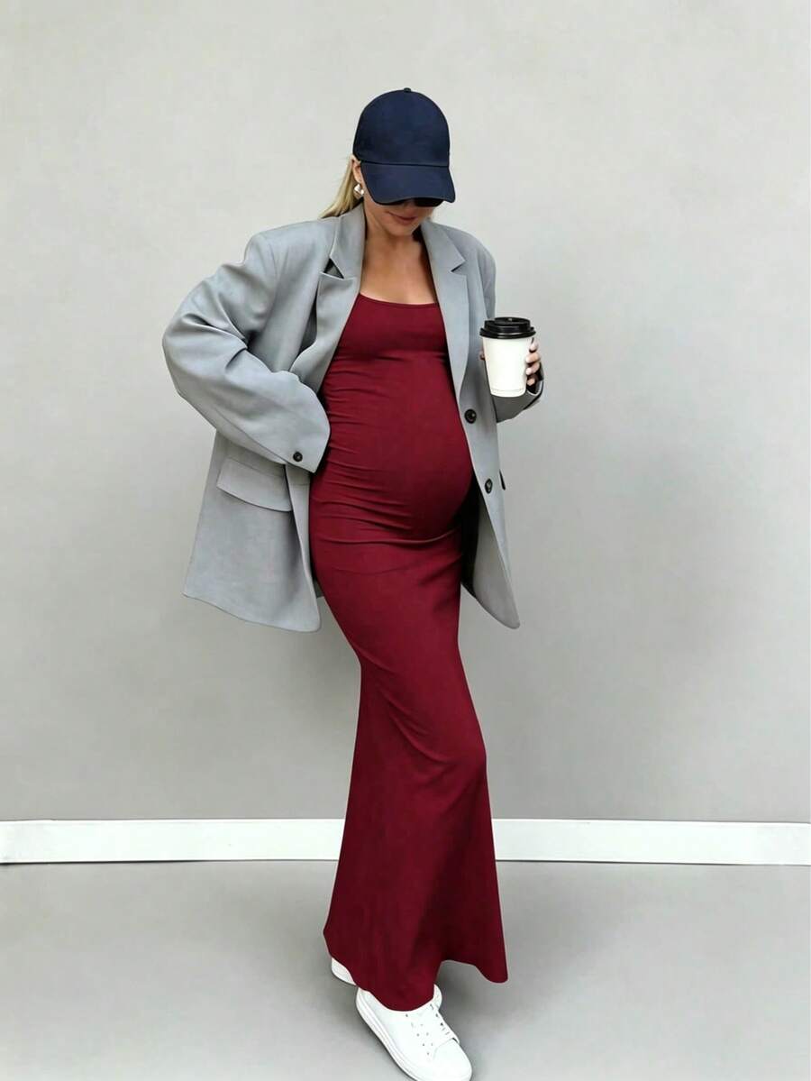 Vestido largo de maternidad cómodo de cuello redondo sin mangas, hecho de tela de alta elasticidad, diseñado especialmente para mujeres embarazadas, vestido de maternidad casual de verano - Rojo - Ver 1