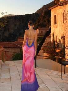 Vestido Maxi Asimétrico con Tirante Único, Estampado Tie-Dye Morado y Rosa, para Atardeceres y Cenas Elegantes - Rojo violeta - Ver 4