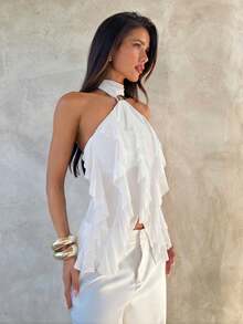 Women's Fitted T-Shirt With High Neck And Elegant Multi-Layered Ruffles - White - View 1
