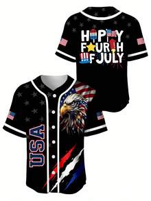 Women's Baseball Uniform Independence Day Eagle And American Flag Print Happy Fourth Of July Celebration Team Jersey For Patriotic Events And National Holidays - Black - View 4