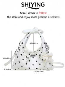 Sac à main à pois à la mode, sac à bandoulière multifonction pour femmes, sac croissant vintage avec décoration de nœud papillon et cordon de serrage - Blanc - Voir 6