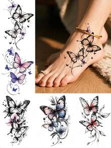 5-Piece Cute And Fashionable Couple Colored Butterfly Rose Pattern Disposable Waterproof Tattoo Sticker, Easy To Apply And Remove, Suitable For Women's Arms, Chest, Feet And Legs, Perfect For Music Festival Party Decoration - Multicolor - View 1