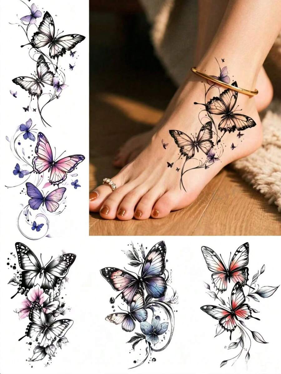 5-Piece Cute And Fashionable Couple Colored Butterfly Rose Pattern Disposable Waterproof Tattoo Sticker, Easy To Apply And Remove, Suitable For Women's Arms, Chest, Feet And Legs, Perfect For Music Festival Party Decoration - Multicolor - View 1