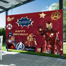 1pcs M Arvel I Ron Man Happy Birthday Backdrop Avengers Superhero Theme Party Background Anime Character Photography Prop Boy Bedroom Bedside Wall Tapestry Outdoor Yard Gathering Decoration Geek Fan Room Wall Hanging Supplies - A - Xem 3