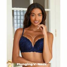 Push Up Bras For Women Add 2 Cups Sexy Lace Cleavage Extra Padded Plunge Bra Underwire - 藏蓝色 - 查看 6