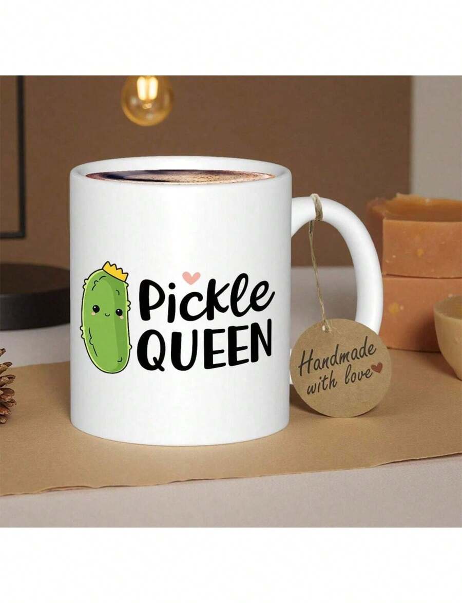 1pc Pickle Queen Ceramic Mug - Cute Pickle Design With Pickle Queen Text Non-Slip Reusable Machine Washable Ideal For Fa - White - View 1