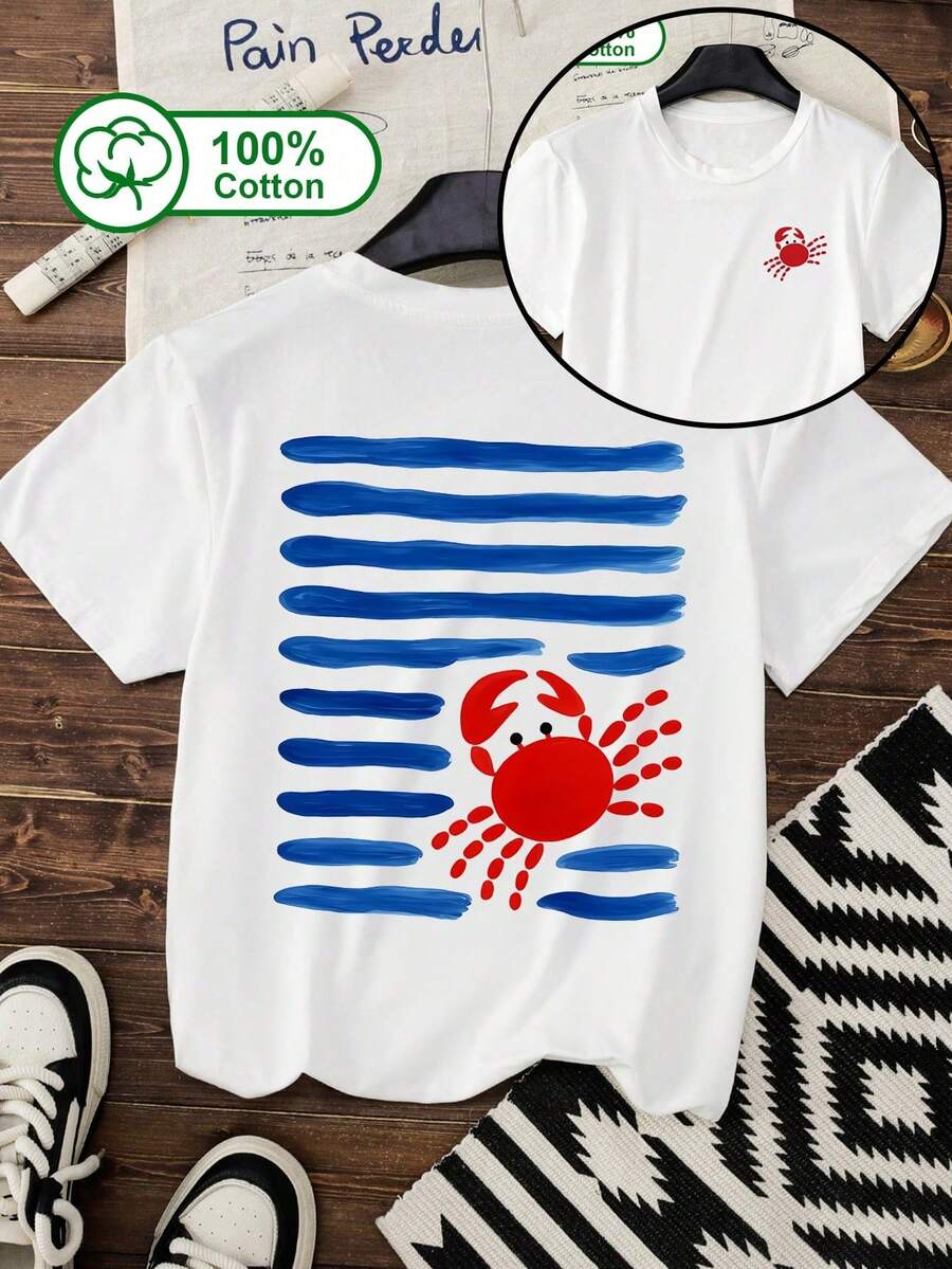 1 Piece, 100% Cotton. A Loose-Fitting, 100% Cotton Summer T-Shirt With Short Sleeves And A Crew Neck. Women's 100% Cotton Short-Sleeved T-Shirt. - 白色 - 查看 1