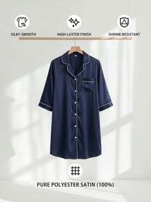Veyra Day Satin Pajamas For Women, Silk-Like Pajamas Set ,Short Sleeve Sleepwear, Soft Loungewear For Ladies, Button Down Homewear Sets Blue - Navy Blue - View 2