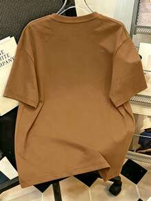 100%棉 男女同款棕色T卹，plus size，春夏 四季 新款 運動上衣，休閒 時尚 柔軟 透氣 中性短袖上衣 - 棕色 - 查看 2