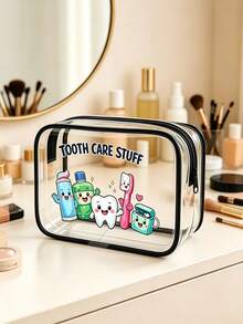 Cartoon Tooth & Dental Care Character Transparent Zipper Toiletry Bag, PVC Makeup Bag, Zipper Sealed PVC Travel Organizer Bag, Cute Style Transparent Storage Pouch, Portable Travel Toiletry & Cosmetic Organizer, Suitable For Dental Care Enthusiasts & Travel Lovers, Perfect For Mothers, Teachers, Friends And Nurses - Multicolor - View 3