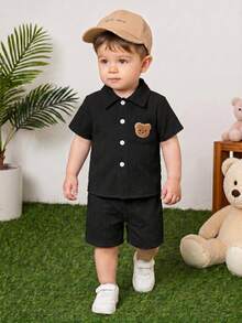 2pcs/Set Baby Boy Textured Pocket Bear Embroidery Shirt And Shorts Street Fashion Children Outfit - Black - View 3
