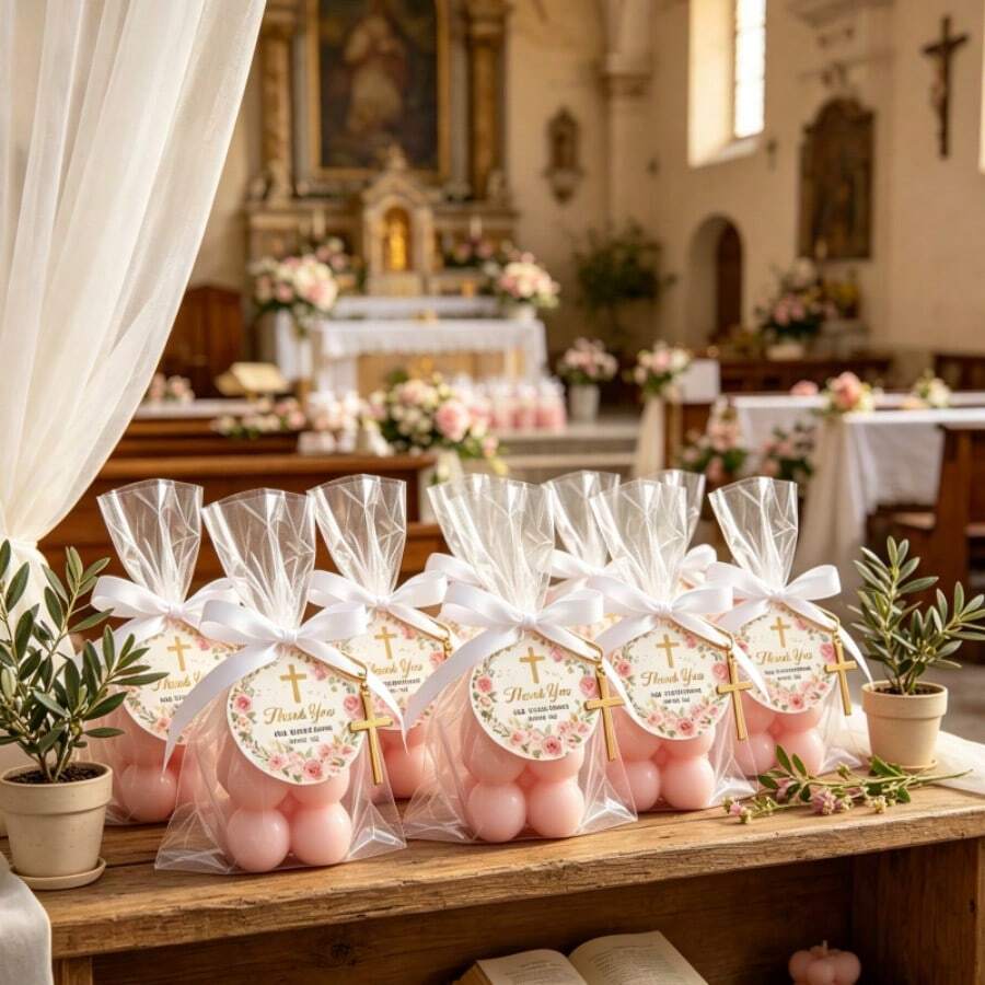 8sets First Communion Candle Favors, Pink Cross Floral Religious Candles With Organza Bags, Perfect For Baptism, Christening, Church Wedding & All Christian Celebration Guest Souvenirs - 8Pcs - View 1