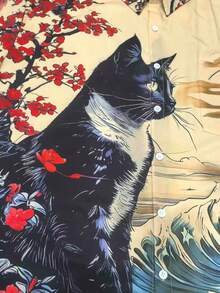 大码男士日本浮世绘樱花、梅花和猫印花纽扣口袋短袖衬衫 - 杏色 - 查看 5
