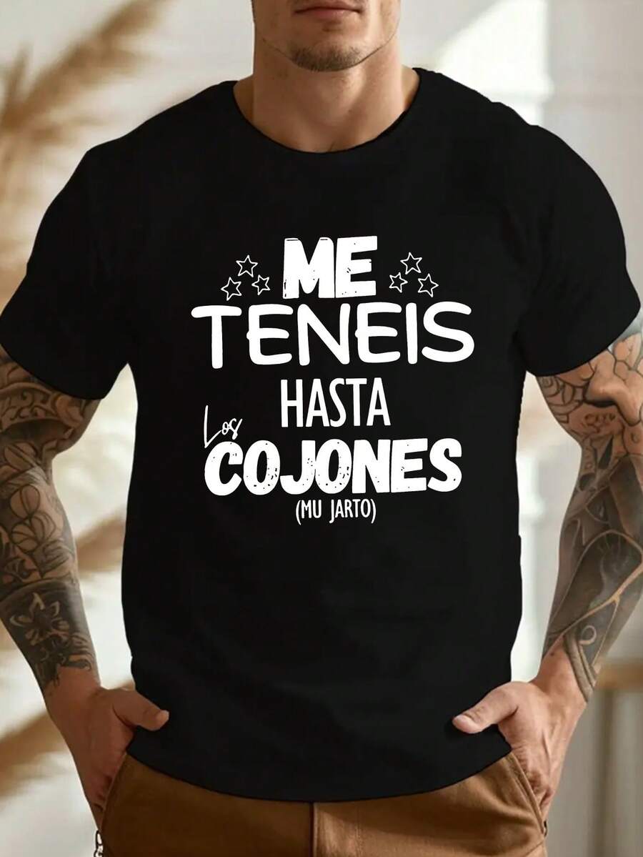 Camiseta Divertida para Hombre de Talla Grande con Estampado Arrugado Español, TALLA GRANDE - Negro - Ver 1
