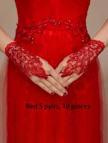 10/6/5/1 Pair Women's Bridal Wedding Lace Trim Hollow Rhinestone Studded Fingerless Mesh Short Wedding Dress Accessory Gloves - Red - View 23