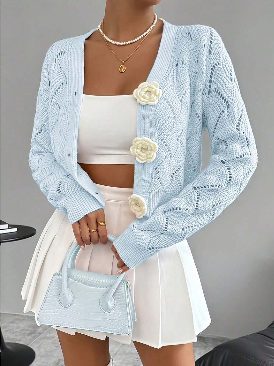 Spring 2026 Spring/Summer Women's Handcrafted 3D Floral Embellishment Western Fashion Elegant Solid Lace Crochet Cardigan Top Jacket Women's - Xanh nhạt - Xem 1