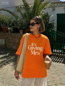 Bachelorette T Shirts Women,Its Giving Mrs Bride To Be Engagement Top,Summer Print Round Neck Short Sleeve,Graphic Tees,Cute,Party Outfit - 橘色 - 查看 8