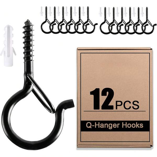 12 PCS Q Hanger Hooks With Safety Buckle, Windproof Screw Hooks For Hanging Outdoor String Lights, Plants, Christmas Patio Lights, 2.2 Inches