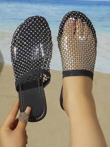 Damen Schwarze Mesh Strass Bohemian Stil Geschlossene Zehen Flache Mule Sandalen, Sommer Lässig Strand Sandalen - Schwarz - Übersicht 5